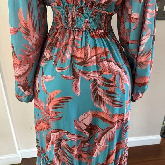 Bohme Maxi Tropical Aqua Print Knit Tiered Dress M - Picture 5 of 13